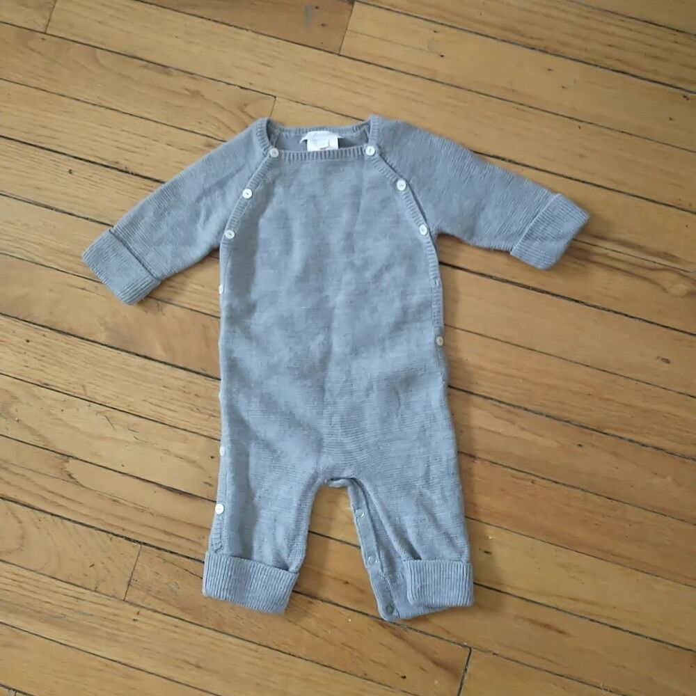Jacadi Sweater Romper Overall Baby 3M Gray Merino Wool Knit Snap Buttons*READ